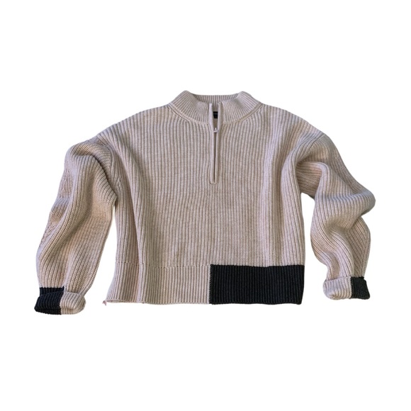 French Connection Ribbed Colorblock Pullover Sweater Tan Cream Large Chunky - Picture 9 of 11